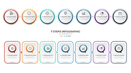 7 list of steps, horizontal sequence with icon and number, infographic element template layout diagram