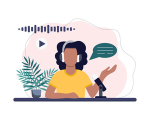 Podcast concept. Woman talking with the audience. Podcaster on the air.