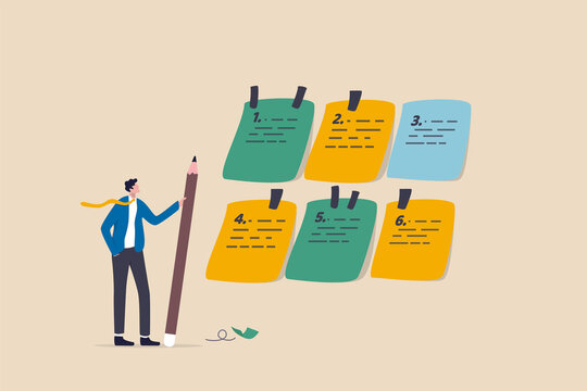 Category or prioritize work for project management, sorting important or urgency tasks, organize and plan for business success, kind or type concept, businessman with pencil categorized sticky notes.