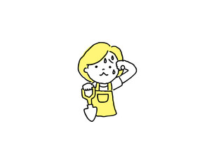 スコップを持って汗を拭う