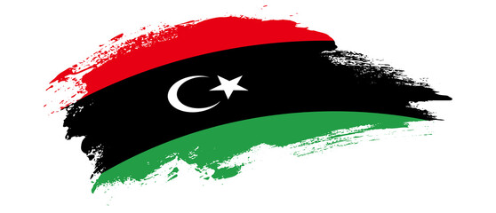 National flag of Libya with curve stain brush stroke effect on white background - obrazy, fototapety, plakaty