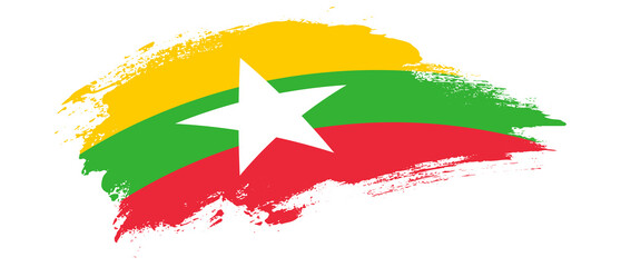 National flag of Myanmar with curve stain brush stroke effect on white background