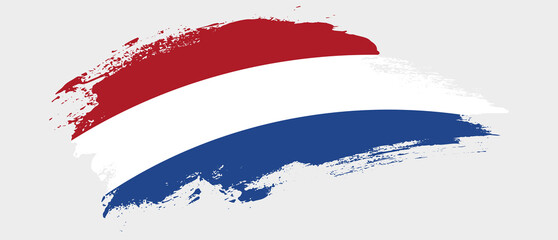 National flag of Netherlands with curve stain brush stroke effect on white background - obrazy, fototapety, plakaty