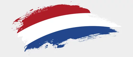 Fotobehang National flag of Netherlands with curve stain brush stroke effect on white background © AkshayG