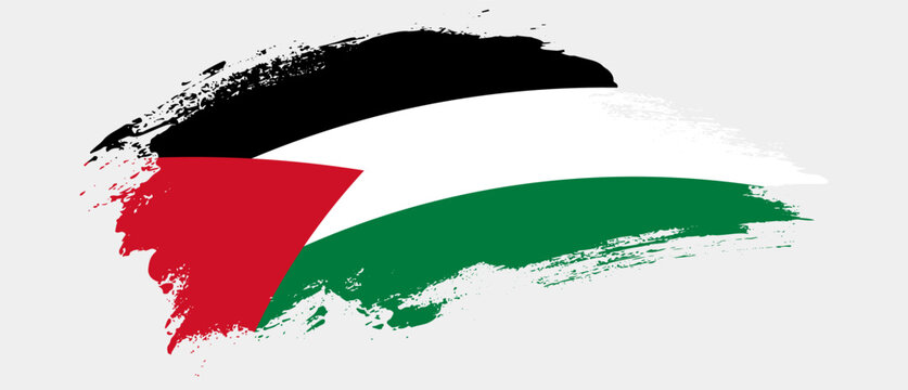 National flag of Palestine with curve stain brush stroke effect on white background