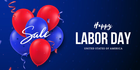 USA Happy Labor Day. Celebration banner with red and blue realistic balloons on blue background. Design template for poster, header web, flyer etc.