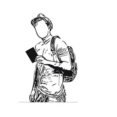 Silhouette of traveling man with leguage and holding pasport in hand, Sketch drawing of traveling man, Line art illustration of trevel man in casual wear