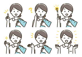 看護師の女性の表情バリエーションのイラストセット（肌色なしバージョン）