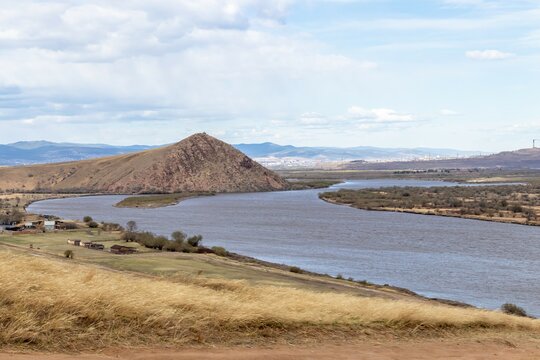 Landscape of the Selenga riverbed among the Buryat mountains and steppes
