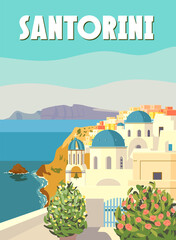 Fototapeta na wymiar Santorini Poster Travel, Greek white buildings with blue roofs, church, poster, old Mediterranean European culture and architecture