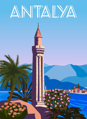 Naklejka premium Antalya retro landmark poster, Turkey resort. Vintage touristic travel postcard, placard, vector