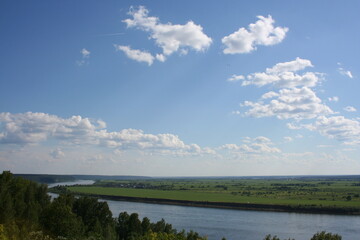 Landscape with river and clouds, summer, blue sky