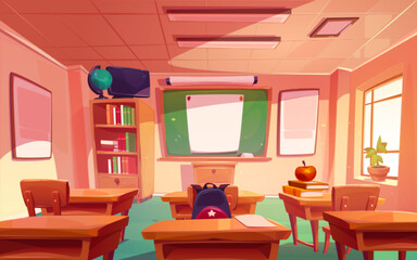School classroom with green chalkboard, wooden tables and chairs, bookcase, globe and tv. Vector cartoon illustration of empty class interior with white blank poster on blackboard