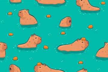 Seamless pattern capybaras in the water. Vector graphics.