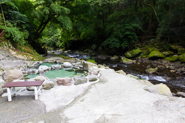 Fototapeta na wymiar Izu Kawazu Odaru is outdoor public hot spring baths for guests to relax in Kawazu, Shizuoka, Japan.