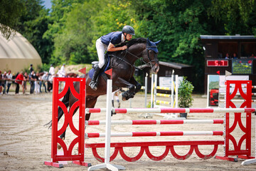 Show jumping, rider with horse over the jump, horizontal format colored..