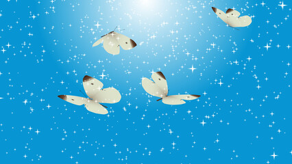 キラキラ輝く星の中を羽ばたくモンシロチョウ