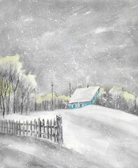 Blizzard covers house with a snow watercolor painting