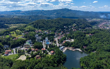 Naklejka premium landscape of Sovata resort - Romania seen from above