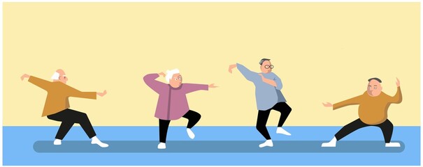 Taichi wushu kungfu fitness healthy activities grandfather adult cartoon flat design vector illustration - obrazy, fototapety, plakaty
