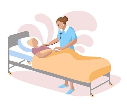 Female doctor visit girl patient at hospital room vector flat illustration. Doctor examining the patient s lungs. Medical personnel consulting patient