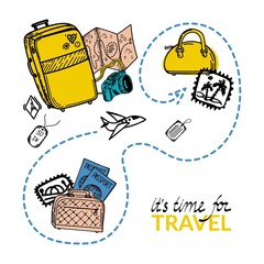 Time to Travel. Motivational header. Travel banner with cartoon suitcase, passports and luggage. Flying plane on vacation. Stamps with palm trees. Vector illustration in flat design. Family travel.