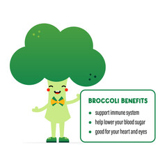 Cute and happy cartoon style broccoli character holding in hand card, banner with broccoli benefits list.
