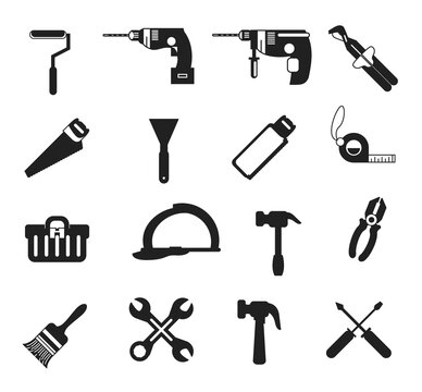 Bundle construction tools icons isolated Vectors Silhouettes