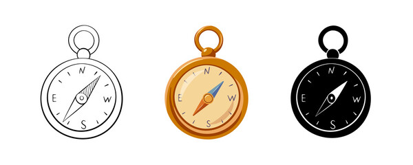 Compass icon set in doodle, cartoon, simple styles, vector illustration. Silhouette wind rose for print and design. Isolated elements on white background. Symbol of travel and adventure hand drawn © Натали