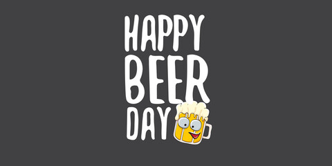 International beer day horizontal banner or summer poster with vector funky beer character isolated on grey background. Vector Cartoon funny International beer day label and poster