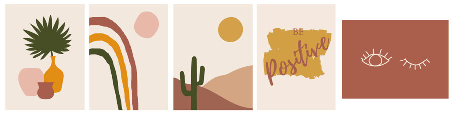 Collection of modern simple minimalist abstractions in boho style: landscapes with sun and cactus, palm leaf in vase and pots, eye silhouette, geometric shapes and text be positive on color background