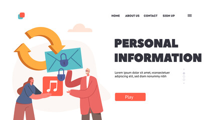 Personal Information Landing Page Template. Gdpr And Privacy Politics Concept. Tiny People Protecting Secure Data