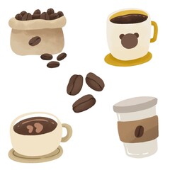 Coffee bean and four cup of coffee cute illustration