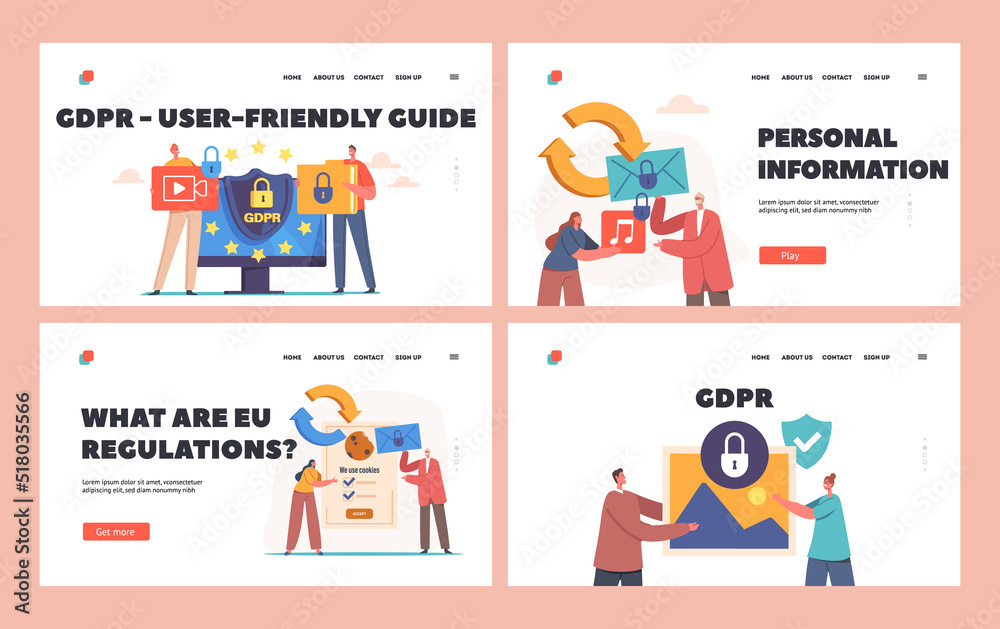 Poster gdpr privacy, data protection in internet landing page template set. virtual private network. tiny c