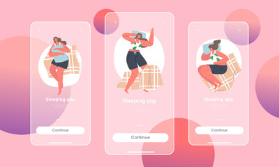 Sleeping App Mobile Page Onboard Screen Template. Woman Sleep Poses, Girl Lying in Bed in Various Comfortable Positions