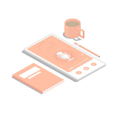 Isometric design, Podcast application on smartphone with coffee mug, book and pencil elements, Digital marketing illustration.