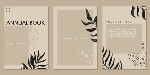 set of simple and elegant cover designs. brown background with abstract leaf elements
