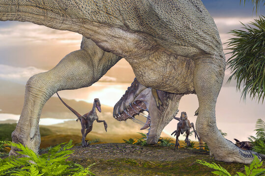 ティラノサウルスが大きな口を開けて獲物を確保するために威嚇している