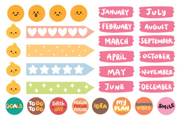 collection of weekly and daily planner sticker, notes, to do list, with lettering and cute icon. template for agenda, check list, stationery, font, alphabet