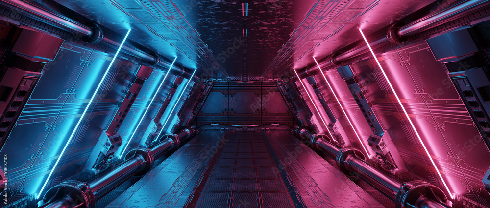 Poster blue and pink spaceship interior with neon lights on panel walls. futuristic corridor in space stati