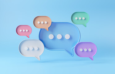 Minimalist blue red orange green purple speech bubbles talk icons floating over background. Modern conversation or social media messages with shadow. 3D rendering