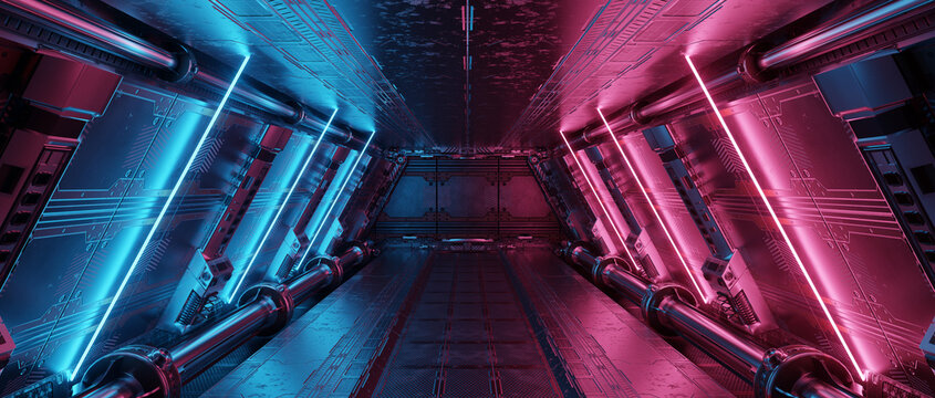 Blue And Pink Spaceship Interior With Neon Lights On Panel Walls. Futuristic Corridor In Space Station Background. 3d Rendering