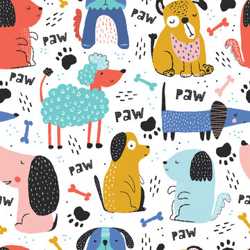 Fototapeta Childish seamless pattern with funny creative dogs. Creative childish texture in scandinavian style. Great for fabric, textile Vector Illustration.