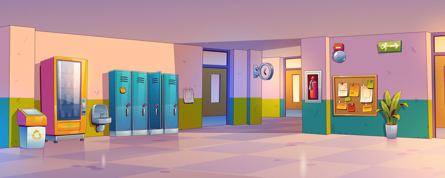 School hallway, corridor interior with lockers, vending machine and litter bin, sink, schedule board and plant on tiled floor. College campus hall or university lobby, Cartoon vector illustration