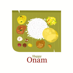 Illustration of traditional Kerala meals called 'Sadya' on a banana leaf with 'Onam' festival greetings