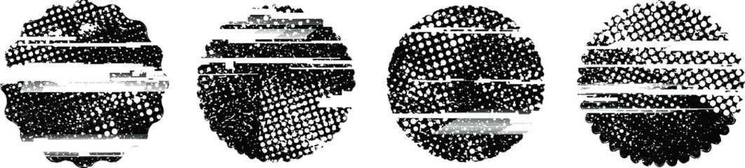 Glitch distorted geometric shape . Noise destroyed stamps . Trendy defect error shapes . Glitched frame .Grunge textured . Distressed effect .Vector stamps with a halftone dots screen print texture.