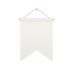 Empty white rectangle bunting pennant with double edges. Hanging realistic pennant or flag with rope. Bunting flag mock up. Blank realistic template. Vector illustration isolated on white background.