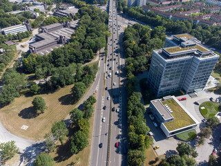 Aerial View over Munich to south with the alps in the backround
