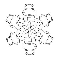 Hippopotamus Coloring book page for kids. Black and white vector mandala for children.