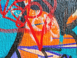 Fototapeta premium Colorful teal, red and orange urban wall texture. Modern pattern for wallpaper design Creative modern advertising mockups urban city background. Grunge messy street style background